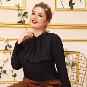 Plus Mock Neck Solid Ruffle Blouse